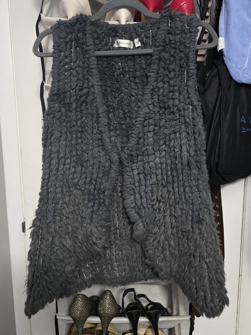 Neiman Marcus Charcoal Gray Faux-Fur Knit Vest